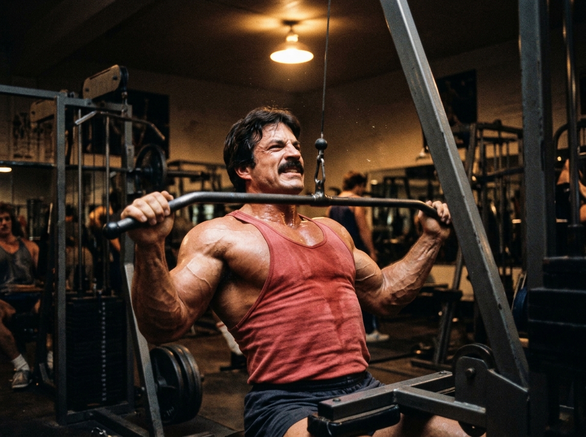 Mike Mentzer entrenando pesado en máquina con alta intensidad